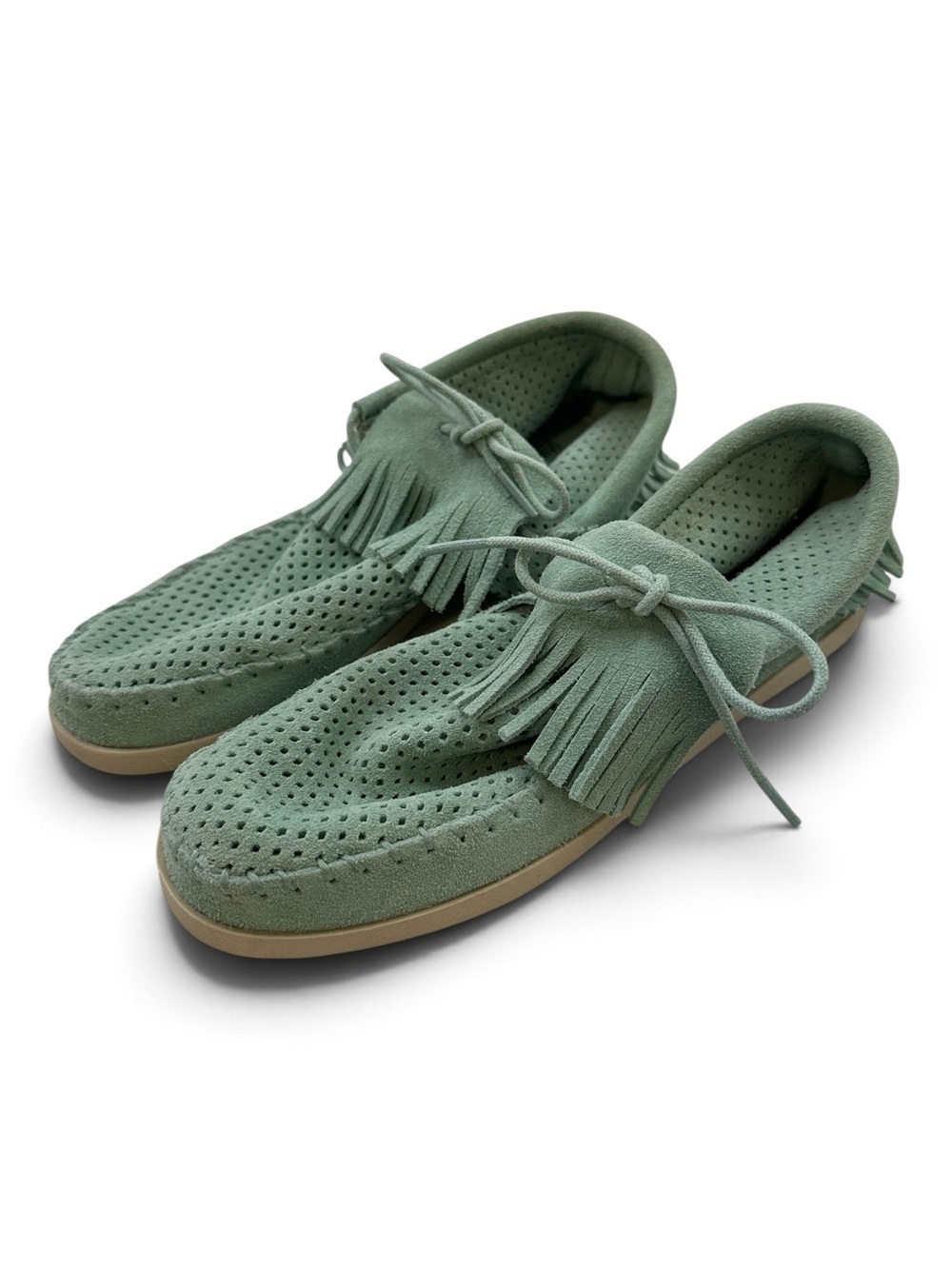 Minnetonka Suede Moccasins 7.5 Mint Green Fringe Perforated Loafers